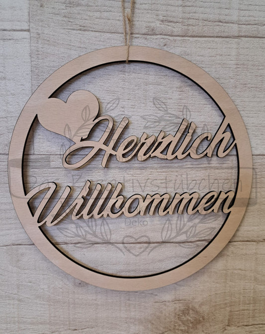 Fensterbild/ Loop/ Holzschild/ Trockenblumenkranz "Herzlich Willkommen 1"